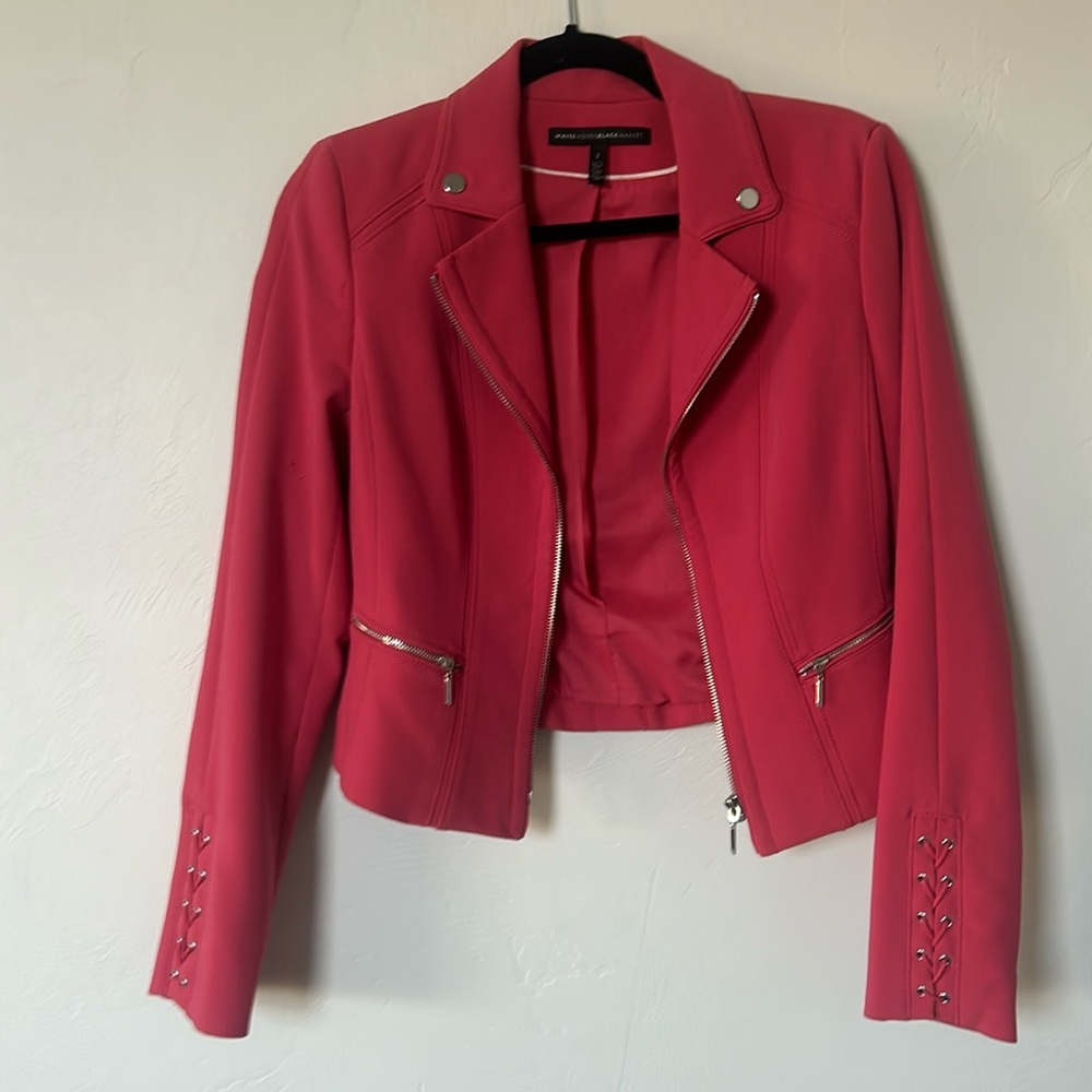 Black & white cropped pink blazer